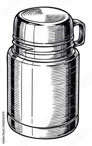 Traditional drawing of a sturdy vacuum insulated thermos bottle with a cup lid and handle, excellent for outdoor activity publications, kitchenware branding, or camping adventure graphics.