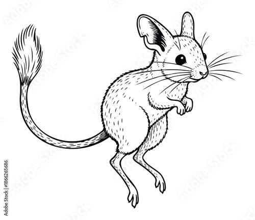 A lively jerboa animal stands upright on its long hind legs with a long tail in an engaging black and white drawing style suitable for nature publications and educational materials