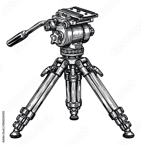 Professional camera tripod equipment featuring a versatile pan and tilt fluid head, perfect for photography and videography studio setups or outdoor filmmaking projects