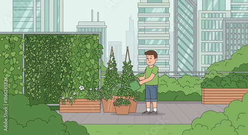 Man tending to rooftop garden with lush greenery.