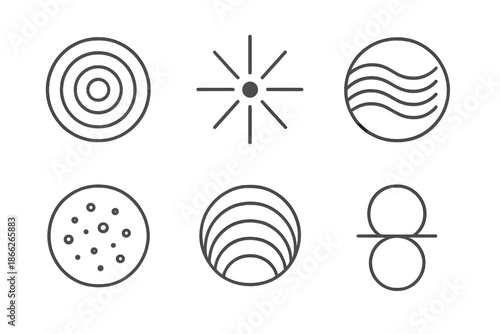 Radiant Mental Mass. Line style vector icons of Mental Mass: layered circles, radiant gravity, curved beams, glowing dots,