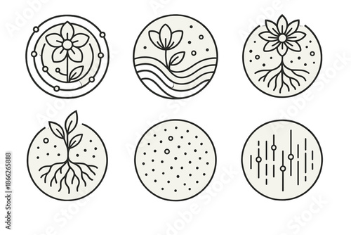 Cyber Bloom Icons. Line style vector icons of Cyber Bloom: luminous flowers, circuit rings, curved waves, floating roots, glowing