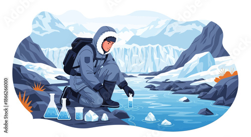 Scientist Collecting Water Sample in Arctic Environment Illustration.