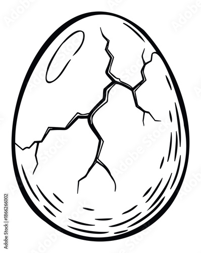 Simple black and white line drawing of a cracked egg, symbolizing new beginnings, fragility, or growth, ideal for educational content, childrens books, or themed graphic assets
