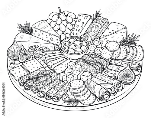 Delicious charcuterie board featuring an assortment of gourmet cheeses, cured meats, fresh figs, grapes, and olives, perfect for culinary presentations and upscale event catering.