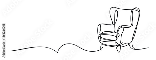 Minimalist single line drawing of a comfortable armchair, perfect for modern interior styling applications, home decor promotions, or stylish graphic branding.