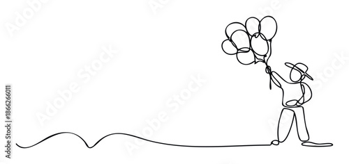 Minimalist continuous line art featuring a person with a hat holding multiple balloons, ideal for event promotions, childrens book illustrations, or simple web graphics.