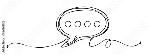 Minimalist continuous single line drawing of a speech bubble icon with message dots representing dialogue communication for app interface and social media chat applications