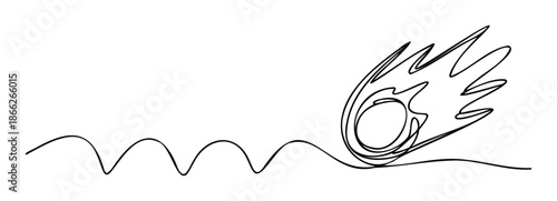 Dynamic one continuous line drawing of a flying comet with a fiery tail trailing behind it, symbolizing speed and celestial movement for science education or brand identity