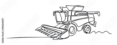 Modern minimalist continuous line drawing of a combine harvester performing harvest work on a field, ideal for agriculture industry promotional materials and farming equipment presentations.