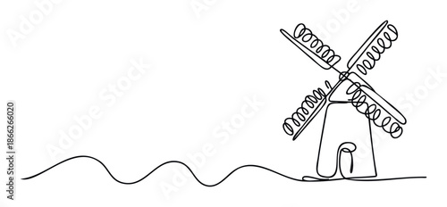 Continuous single line drawing portraying a rustic windmill structure with a unique spiral blade design emerging from an undulating ground line, perfect for minimalist graphic works.