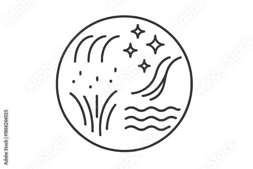 Rain Vector Icons. Line style vector icons of Rain Syntax: water arcs, glowing particles, curved streams, gentle waves, radiant