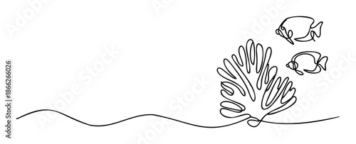 Abstract single line drawing depicting ocean animals and a sea plant coral reef providing a simple visual for ecological themes or aquatic nature branding