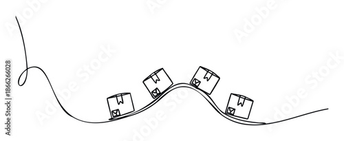 A continuous line drawing depicts cardboard delivery boxes navigating a wavy path, symbolizing supply chain challenges and the journey of goods for ecommerce and logistics presentations.