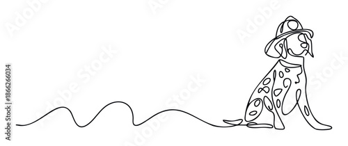 Minimalist continuous line drawing of a charming Dalmatian dog wearing a distinctive hat, ideal for petrelated businesses, veterinary posters, or creative graphic communication.