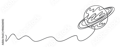 A simple continuous black line drawing of a stylized ringed planet resembling Saturn, representing exploration and celestial wonder for educational content and modern graphic applications.