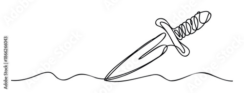 Continuous line drawing of a sharp dagger plunged into a wavy surface, representing concepts of danger, power, and hidden threats, ideal for symbolic graphic prints or logo creation.