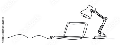 Minimalist continuous line drawing of a modern laptop and a desk lamp representing remote work and study concepts, perfect for digital technology and education projects.