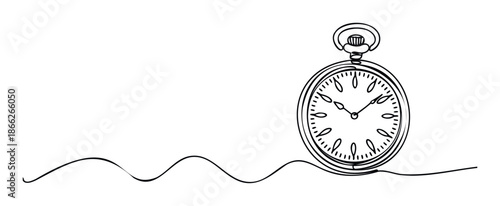 Simple oneline silhouette of a vintage pocket watch with an undulating continuous thread, suitable for conveying concepts of continuum, heritage, and punctuality across diverse media.