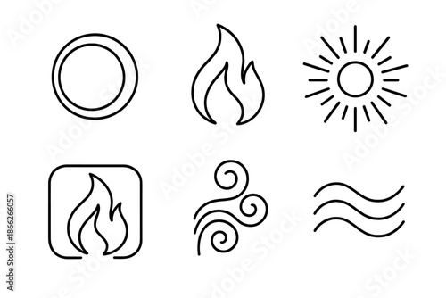 Transparent Flame Icons. Line style vector icons of Transparent Flame: luminous rings, curved fire, glowing beams, glass texture,