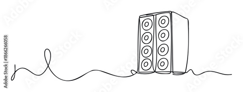 Abstract single line drawing depicting tall sound system speakers linked with an elegant waveform, ideal for entertainment industry marketing and digital media.