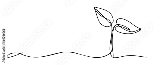 Minimalist continuous line drawing of young plant sprouts with two fresh leaves symbolizing new life and organic growth perfect for environmental and natural branding