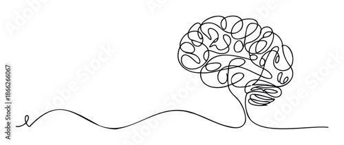 Continuous line drawing of a human brain symbolizing thought and problemsolving, ideal for educational resources, scientific presentations, or psychologyrelated media.
