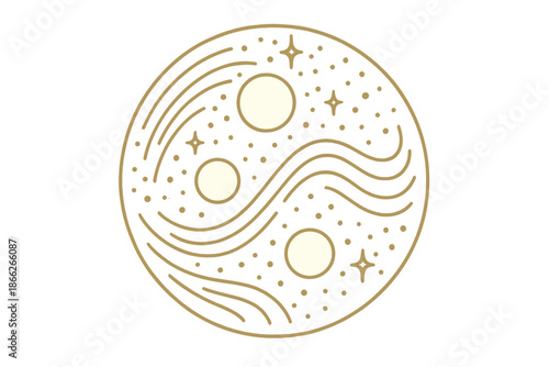 Radiant Drift Icons. Line style vector icons of Radiant Drift: golden orbs, curved streams, luminous particles, soft dust, flowing