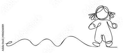 Minimalist continuous line drawing of a playful girl standing on a wavy line representing movement and connection suitable for child development publications or educational materials.