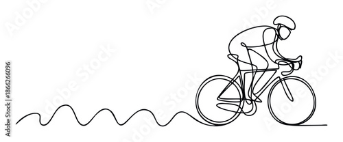 Elegant continuous line art of a bicyclist riding a speed bike with a wavy path, suitable for exercise themed graphics and healthy living campaigns