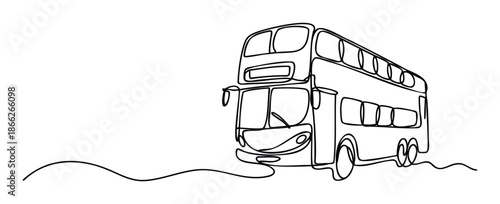Continuous line drawing of a double decker bus driving on a wavy road, perfect for travel promotions, urban transportation themes, or contemporary visual projects requiring a minimalist