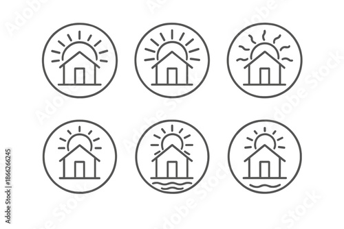 Solar Dwellings Icons. Line style vector icons of Solar Dwellings: curved rays, glowing structures, radiant beams, soft waves,