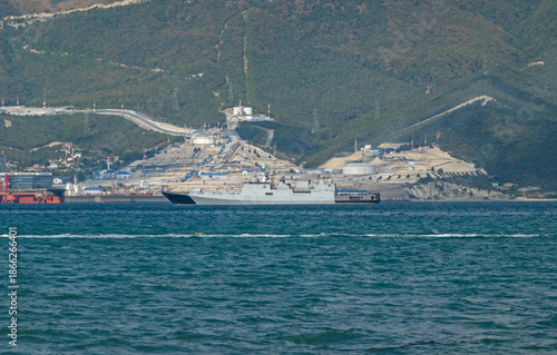 August 20, 2022: Military warship anchored in the Black Sea, Russia, representing naval presence, maritime security and military activity in open waters