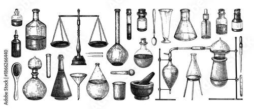 Vintage apothecary equipment set. Ancient laboratory glassware hand drawn vector illustration. Pharmacy tools sketches. NOT AI generated. 