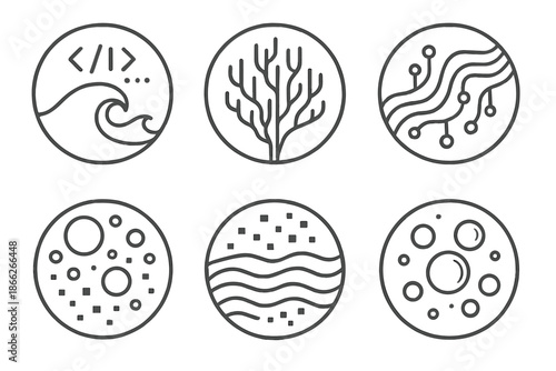 Algorithmic Ocean Icons. Line style round vector icons of Algorithmic Ocean: wave code, digital coral, flowing circuit, pixel tide