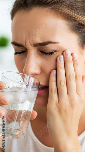 Young woman suffering from acute tooth sensitivity while drinking cold water