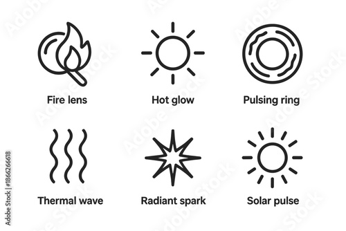 Luminous Heat Icons. Line style round vector icons of Luminous Heat: fire lens, hot glow, pulsing ring, thermal wave, radiant