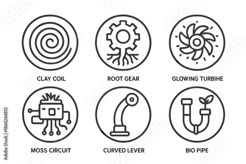 Earthen Machines Icons. Line style round vector icons of Earthen Machines: clay coil, root gear, glowing turbine, moss circuit,