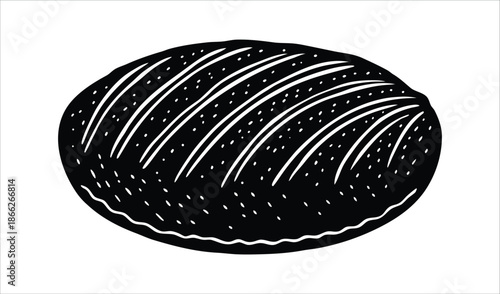Stylized Black and White Illustration of a Loaf of Bread with Slashed Top and Speckled Crust