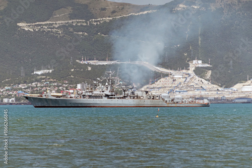 August 20, 2022: Military warship anchored in the Black Sea, Russia, representing naval presence, maritime security and military activity in open waters