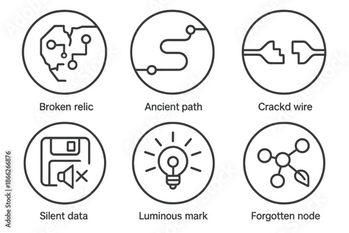 Lost Circuits Icons. Line style round vector icons of Lost Circuits: broken relic, ancient path, cracked wire, silent data,