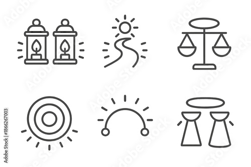 Dual Glow Lanterns. Line style round vector icons of Dual Glow: paired lanterns, luminous path, balanced light, twin halos,