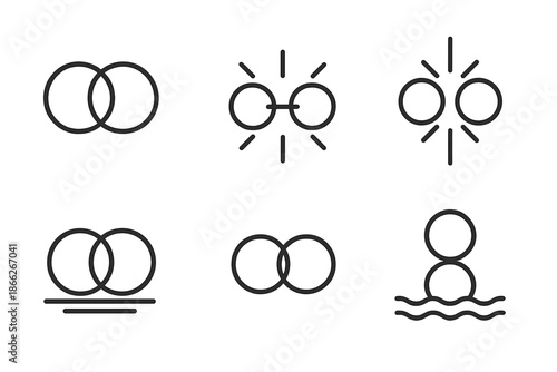 Radiant Pairs Icons. Line style round vector icons of Radiant Pairs: twin circles, glowing connection, balanced flare, soft