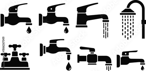 Faucets or taps and showerheads plumbing fixtures vector illustration 