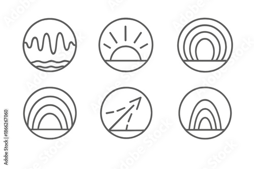 Magnetic Horizon Icons. Line style round vector icons of Magnetic Horizon: polar wave, glowing edge, charged arc, radiant curve,