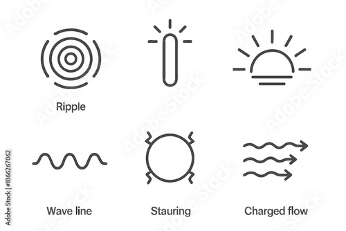 Electromagnetic Elements Icons. Line style round vector icons of Electromagnetic Edge: field ripple, glowing pole, radiant horizon
