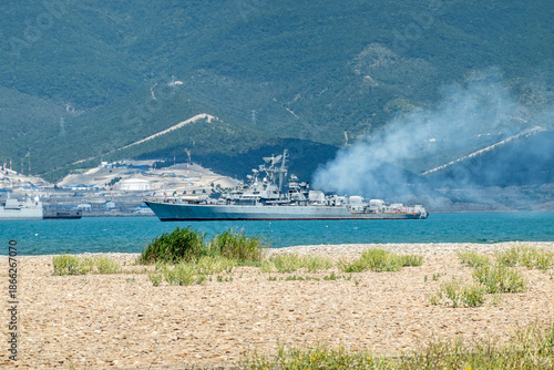 August 20, 2022: Military warship anchored in the Black Sea, Russia, representing naval presence, maritime security and military activity in open waters
