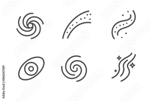 Galactic Flow Icons. Line style round vector icons of Galactic Flow: spiral galaxy, curved beam, stardust path, orbit pulse,