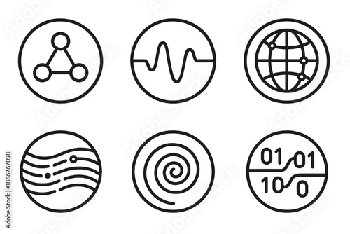 Digital Harmony Icons. Line style round vector icons of Digital Harmony: balanced nodes, pulse wave, linked circuit, signal sphere