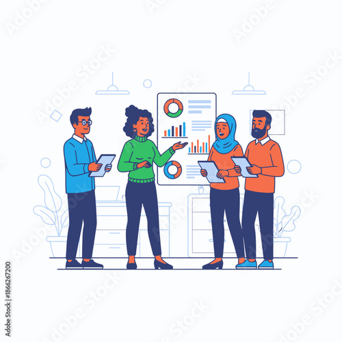 Four diverse professionals hold an energetic agile stand up meeting, discussing business data presented on a vertical high tech screen in a modern flat graphic style illustration